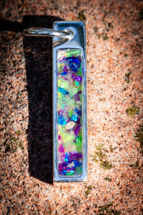 cremation bar pendant for ashes from pets and people, in purple, lime green and blue