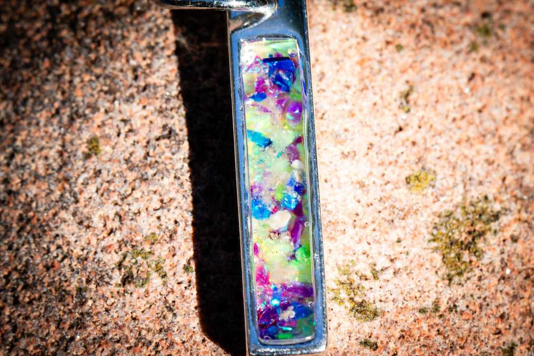 cremation bar pendant for ashes from pets and people, in purple, lime green and blue