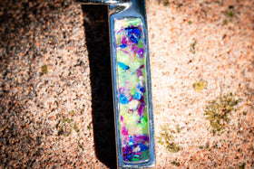 cremation bar pendant for ashes from pets and people, in purple, lime green and blue