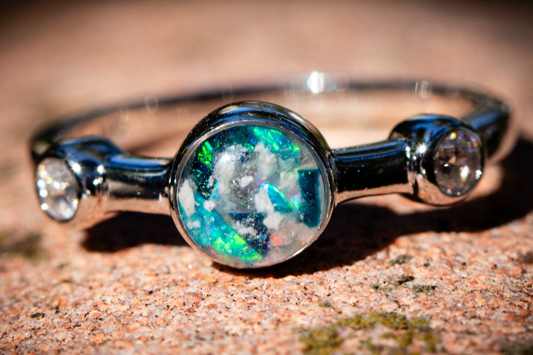 cremation ring with ash from pets and people two gem - white turquoise and teal