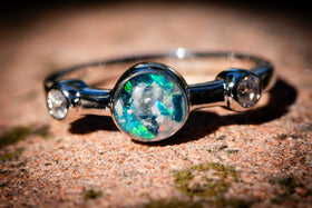 cremation ring with ash from pets and people two gem - white turquoise and teal