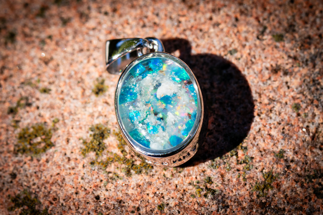 petite cremation pendant for ashes from pets and people, in turquoise and white
