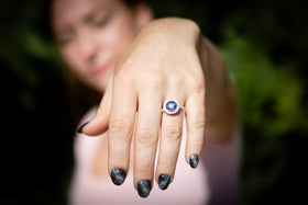 cremation ring being worn with heart for pets and people