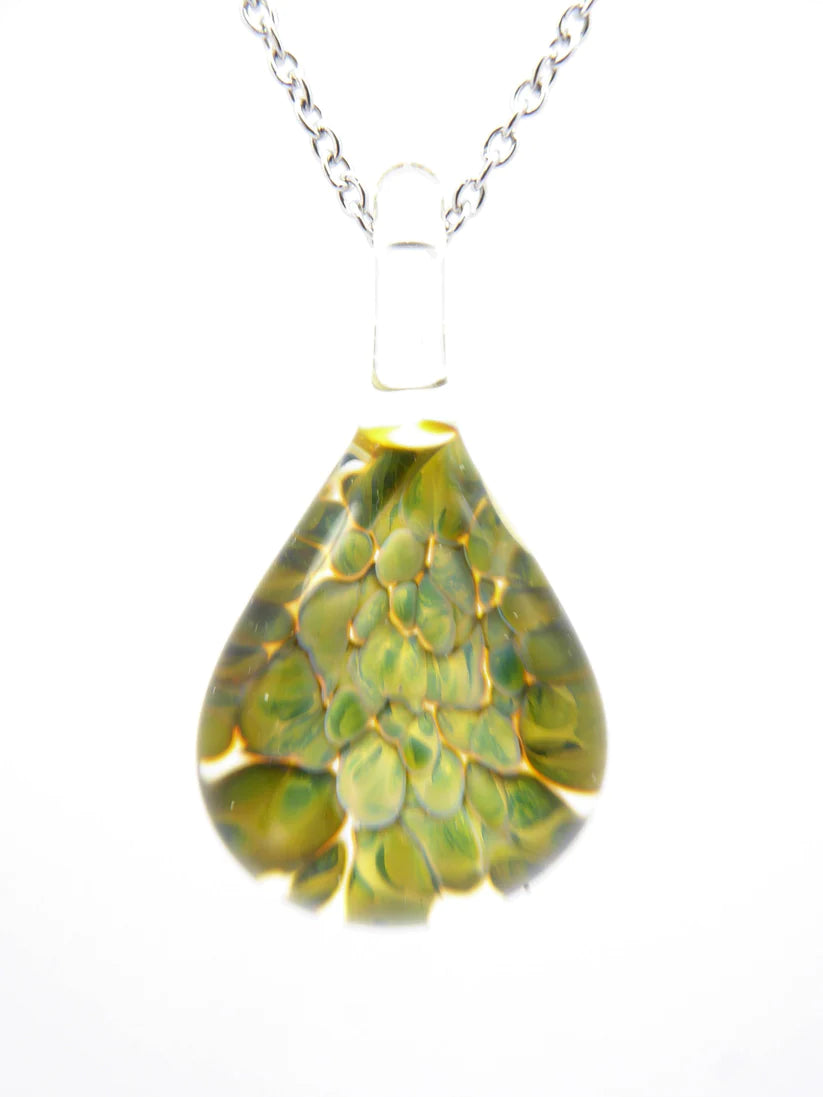 Teardrop shaped green and yellow glass pendant on a silver chain.