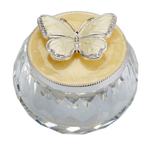 Crystal butterfly keepsake urn featuring a butterfly lid on a faceted round base designed to hold ashes