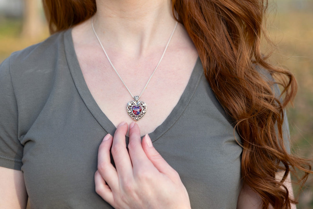 opal heart pendant with cremation ash
