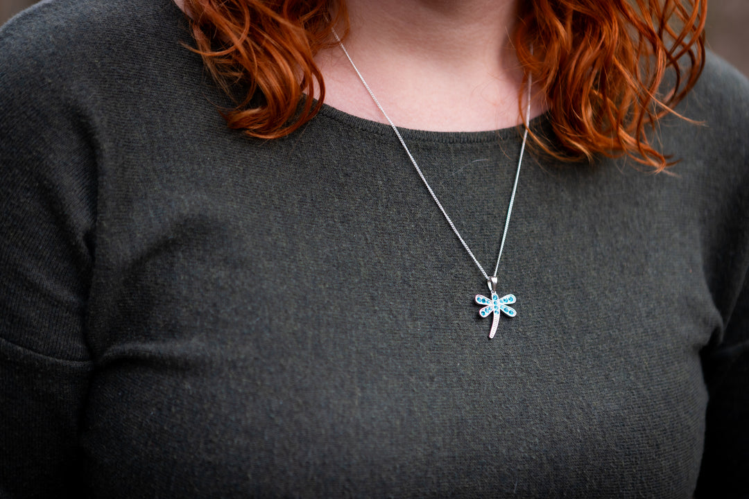 sterling silver dragonfly necklace being worn
