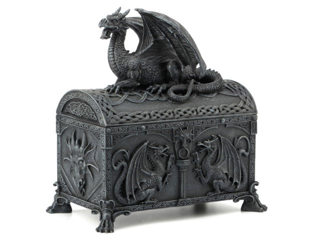 Dragon chest memorial keepsake urn in dark metallic finish with dragon relief panels and a dragon figure perched on top.