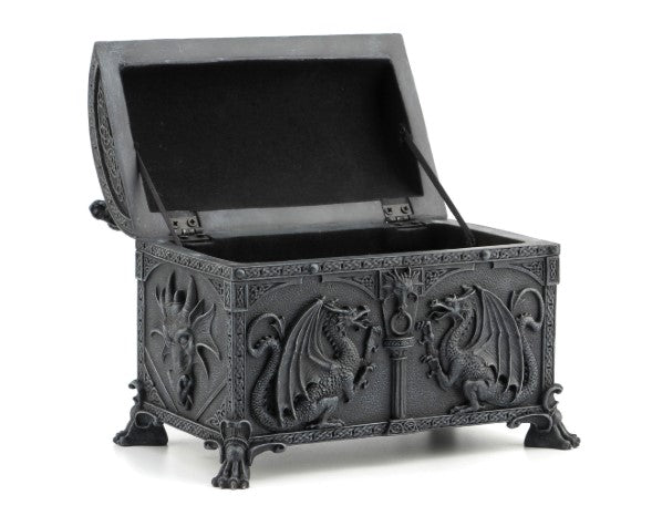 Opened dragon chest keepsake urn with lid raised revealing the dark interior cavity.
