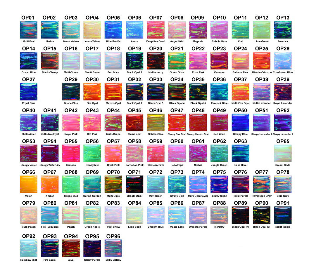 A grid of 96 small color sample cards labeled OP01 through OP96, showing many different fabric or material color options in a rainbow-like assortment.