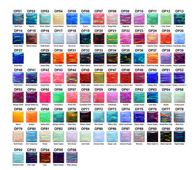 A grid of 96 small color sample cards labeled OP01 through OP96, showing many different fabric or material color options in a rainbow-like assortment.