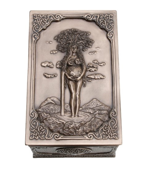 Cold cast bronze Mother Earth Gaia memorial keepsake urn with a standing earth goddess on a rocky pedestal and ornate border.
