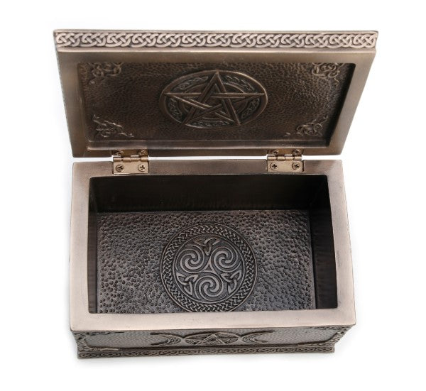 Open Gaia keepsake urn with the lid raised, inner lid displaying a pentacle and a textured bronze interior.