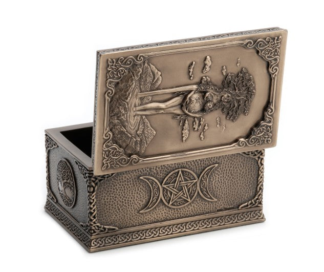 Gaia memorial keepsake urn with lid ajar, front panel featuring a triple moon design surrounding a central pentacle.