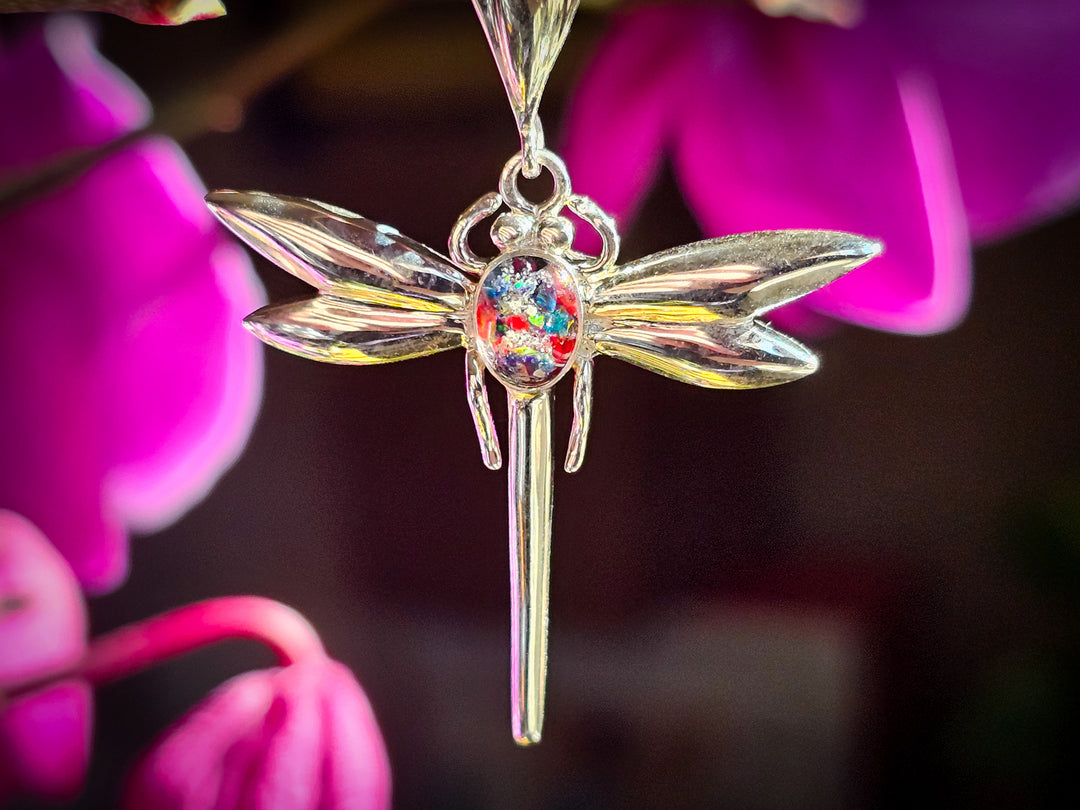 dragonfly with cremation ashes in rainbow
