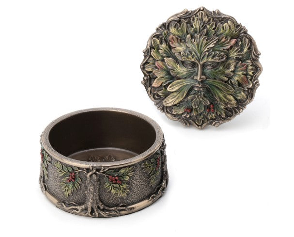 Open Green Man keepsake urn with the leafy face lid removed to reveal the hollow interior.