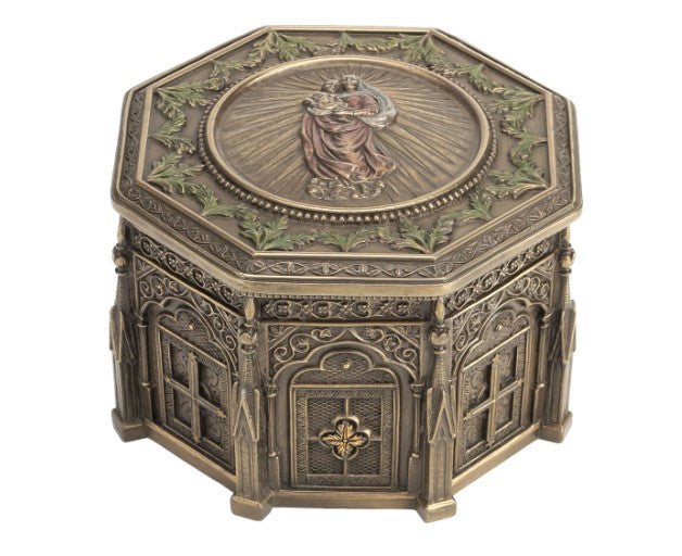 Octagonal Madonna keepsake urn in bronze finish holds up to half cup ashes, about 5x5x3.5 inches.