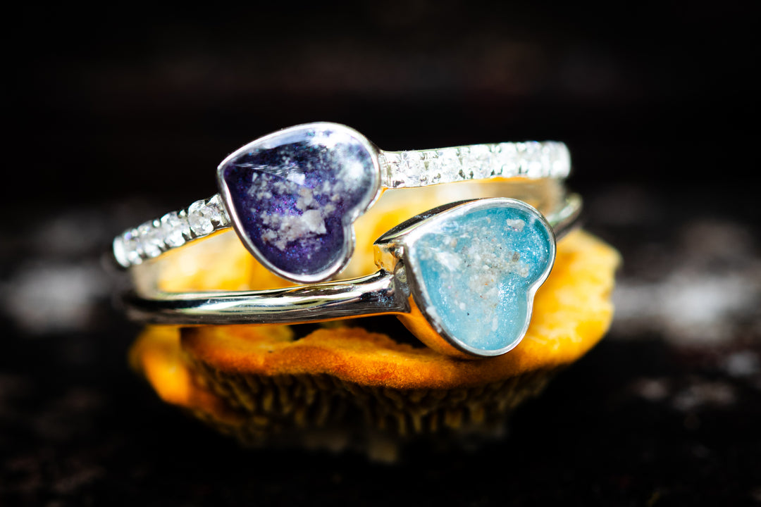 double heart ring with cremation ash