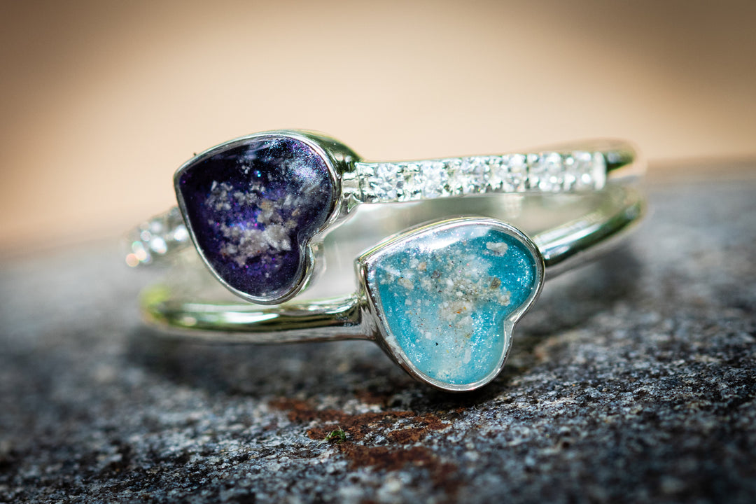 double heart ring with cremation ash