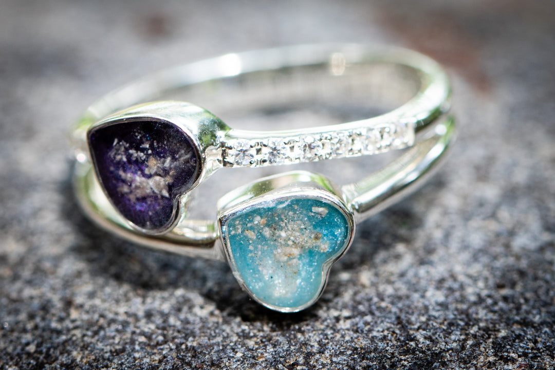 double heart ring with cremation ash