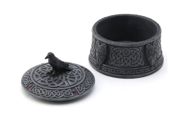 Celtic Raven memorial keepsake urn with a raven on the lid and knotwork encircling the base.