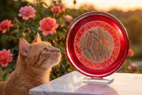 Glass disc with cremation ash with a orange tabby cat looking up at it.