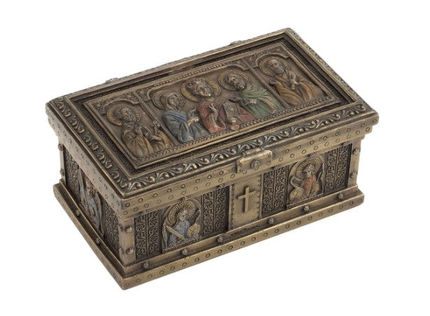 Bronze tone Catholic Saints keepsake urn with ornate panels depicting saints and a central cross.
