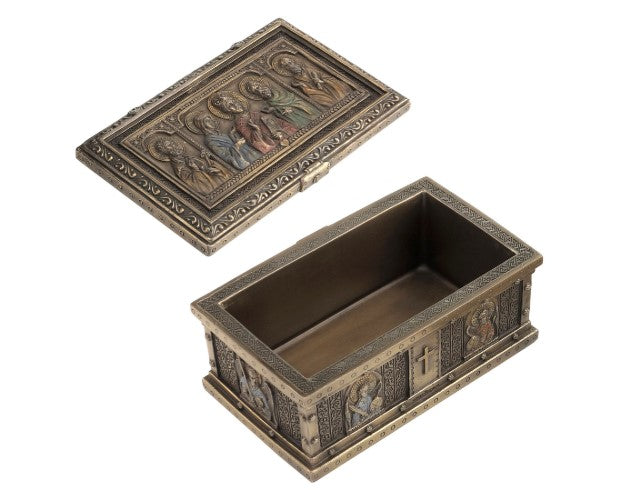 Rectangular cold cast bronze keepsake urn with lid removed, showing an interior cavity and ornate relief panels.