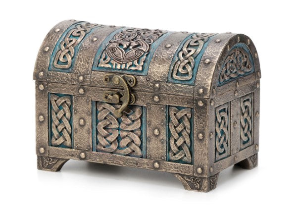 Celtic Knot Treasure Chest keepsake urn in bronze and blue with knotwork panels and a latching clasp