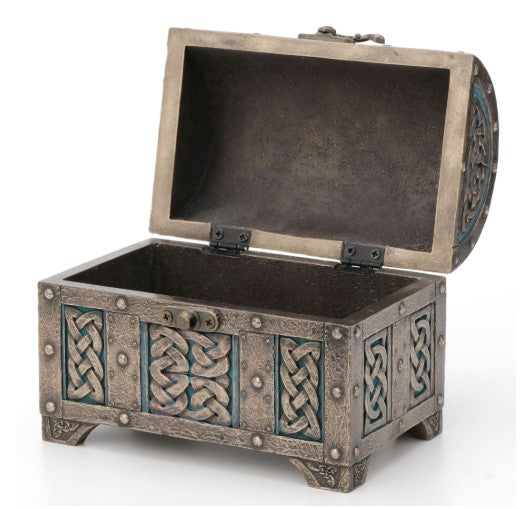 Open Celtic Knot Treasure Chest keepsake urn showing the dark interior and blue knotwork exterior