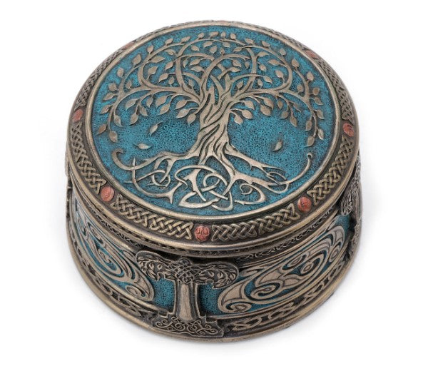 Tree of Life memorial keepsake urn with turquoise blue lid and bronze Celtic knot border