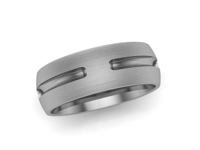 Titanium cremation ash ring with a brushed finish and two elongated grooves across the band.