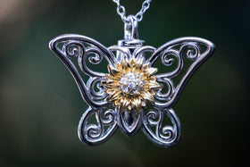 Butterfly Sunflower Keepsake Urn, silver necklace for ash, silver necklace for cremation ash, sterling silver jewelry, butterfly necklace for ash,  cremation jewelry