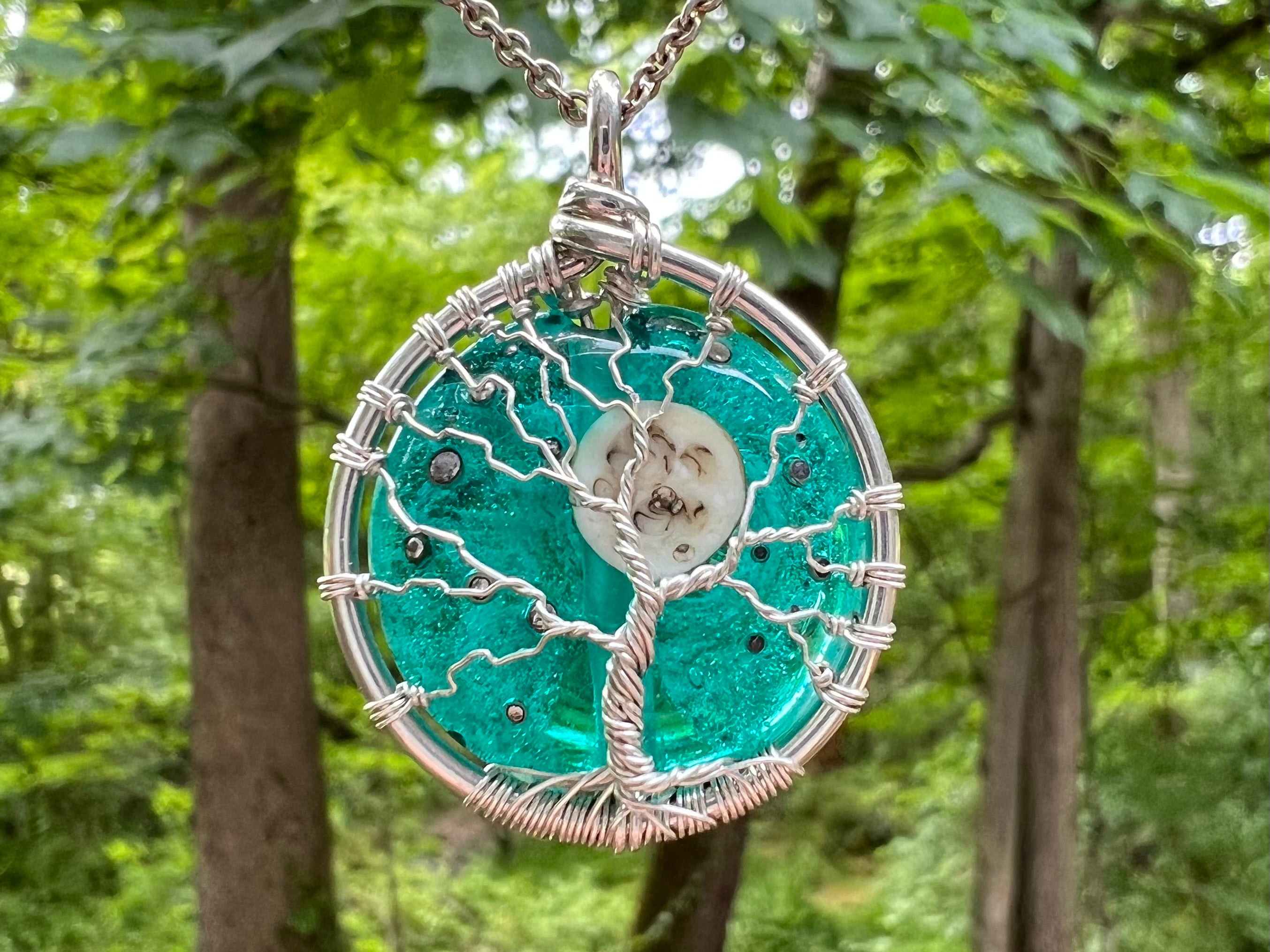 Cremation Jewelry Moon and Stars Tree of Life Pendant with Cremains