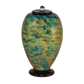 green glass urn for cremation ashes of person