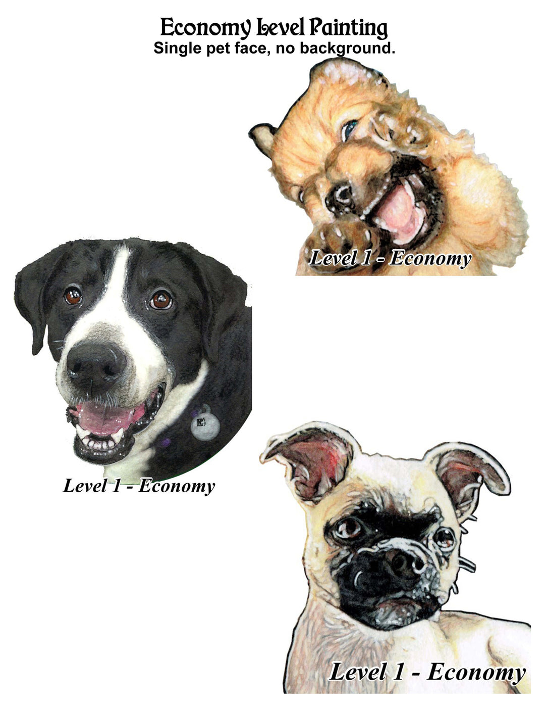 Economy Level Painting collage of three dog portraits on white backgrounds.