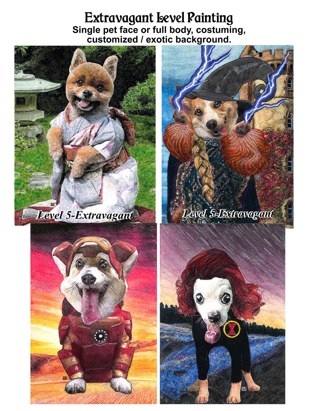 Collage of four extravagant level pet portraits in varied costumes and backgrounds.