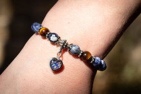 Sodalite and Tiger Eye Healing Bracelet with Cremation Ashes, blue and magenta opal. Stone bracelet, glass bead bracelet, bracelet for ash, cremation jewelry, Tiger Eye jewelry, Tiger Eye bracelet