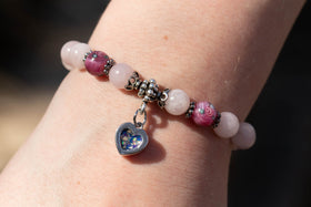 Rose Quartz and Rose-Patterned Pressed Glass Bead Healing Bracelet with Cremation Ashes, blue and magenta opal. Stone bracelet, glass bead bracelet, bracelet for ash, cremation jewelry, rose quartz jewelry