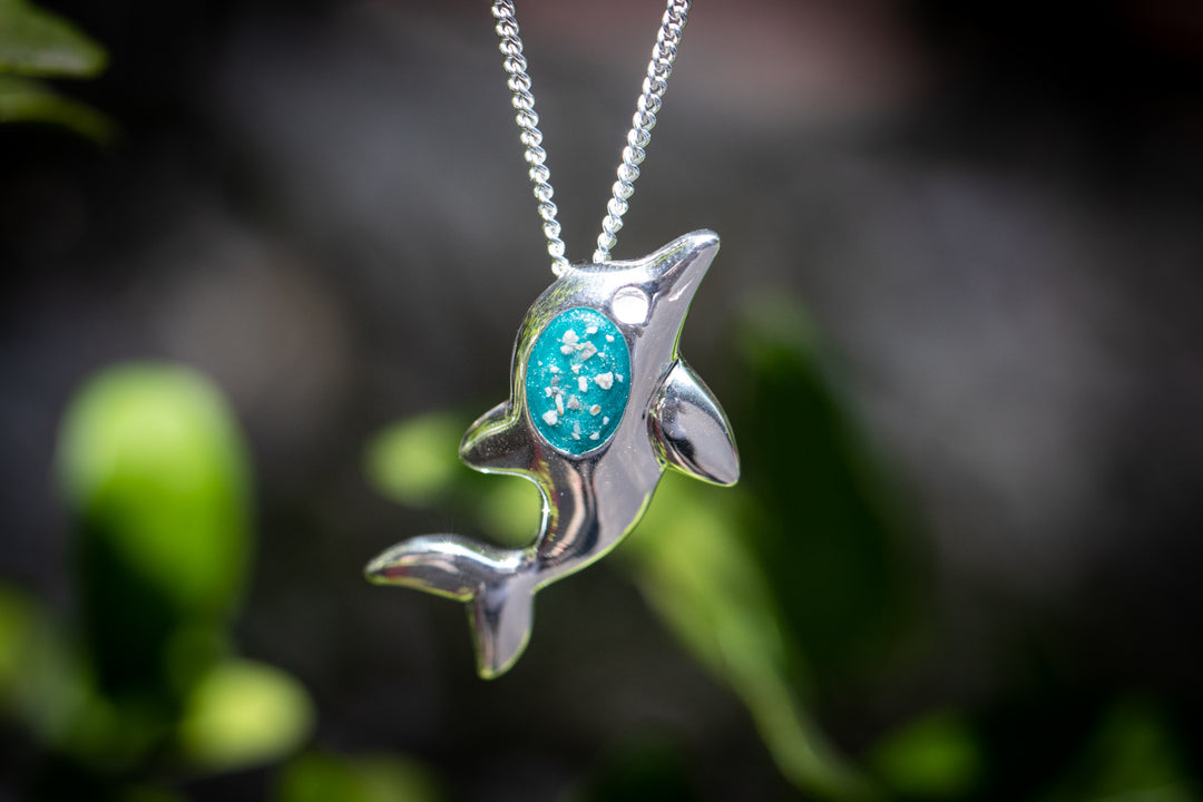 Silver Dolphin Pendant with mint mica and cremation ash set in sterling silver