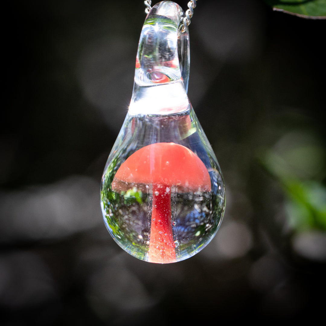 Clear glass teardrop pendant with a vivid orange red mushroom inside, hanging from a silver chain.