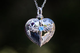 Crystal Heart Urn Necklace, Angel Wing necklace, silver necklace for ash, jewelry for ash, remembrance jewelry, keepsake urn, memorial jewelry
