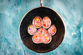 Silver Pawprint Memorial Pendant with pink and orange opal, pendant for pet ash, necklace for ash, jewelry for ash