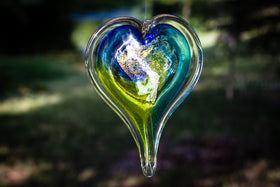 glass heart with cremation ash