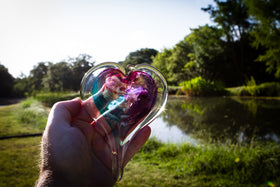 glass heart with cremation ash