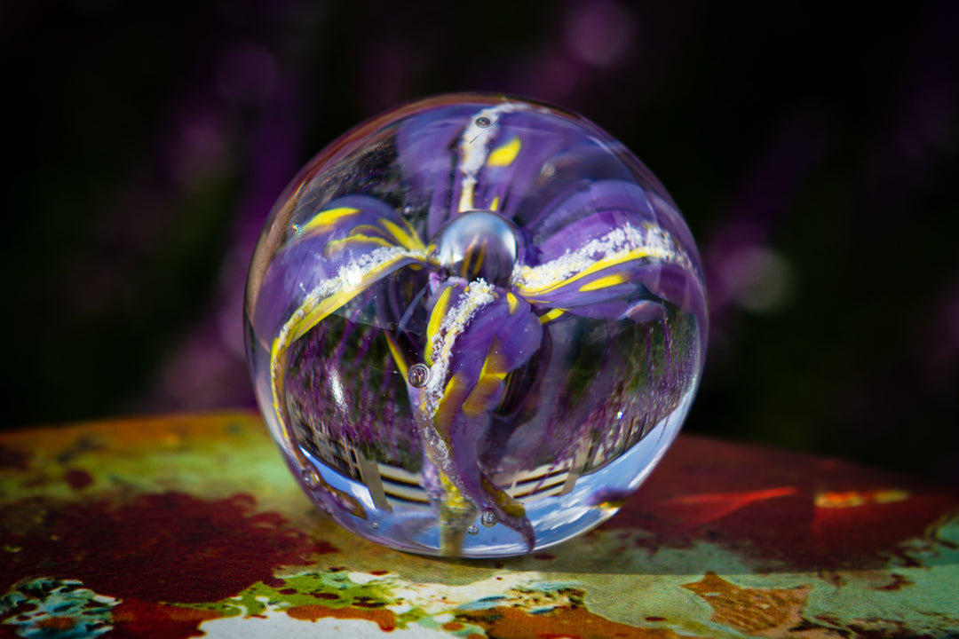 Close-up of a purple glass flower encased in a clear paperweight on a vibrant painted surface.