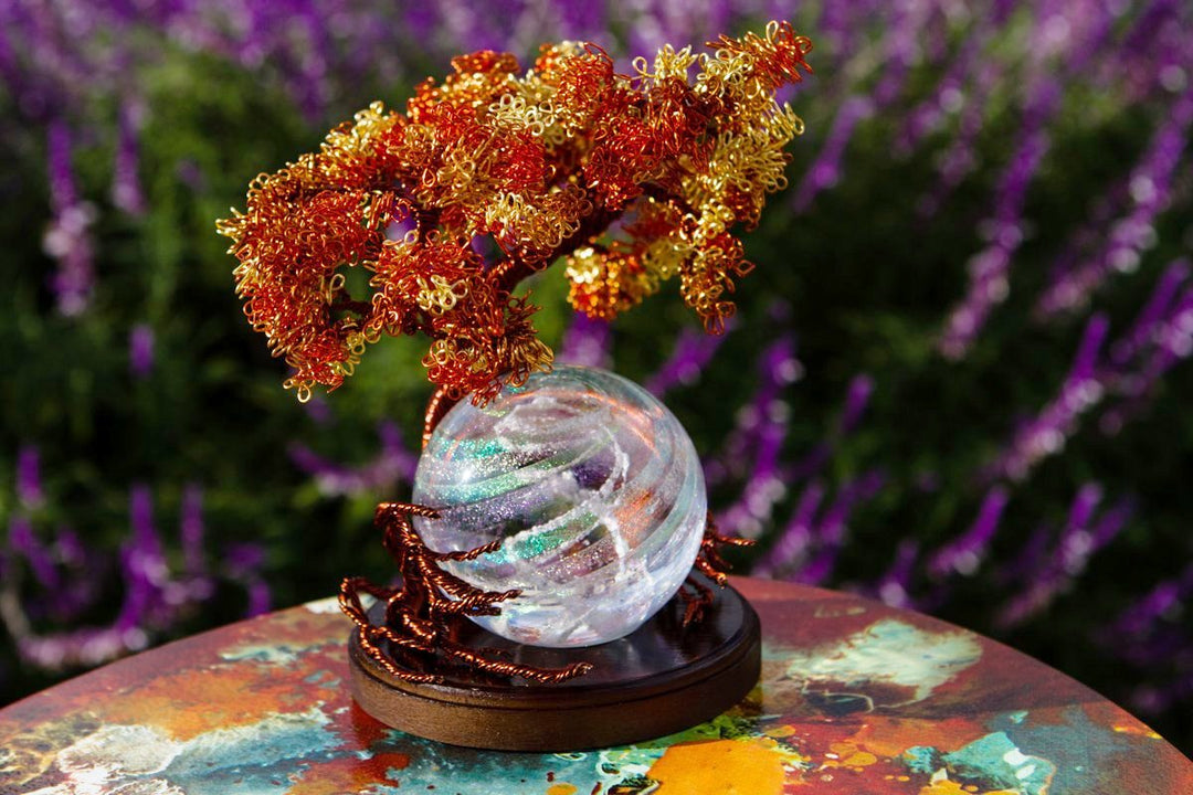 Autumn Sunshine Tree of Life bundled with a 3 inch Dichroic Orb on a wooden stand