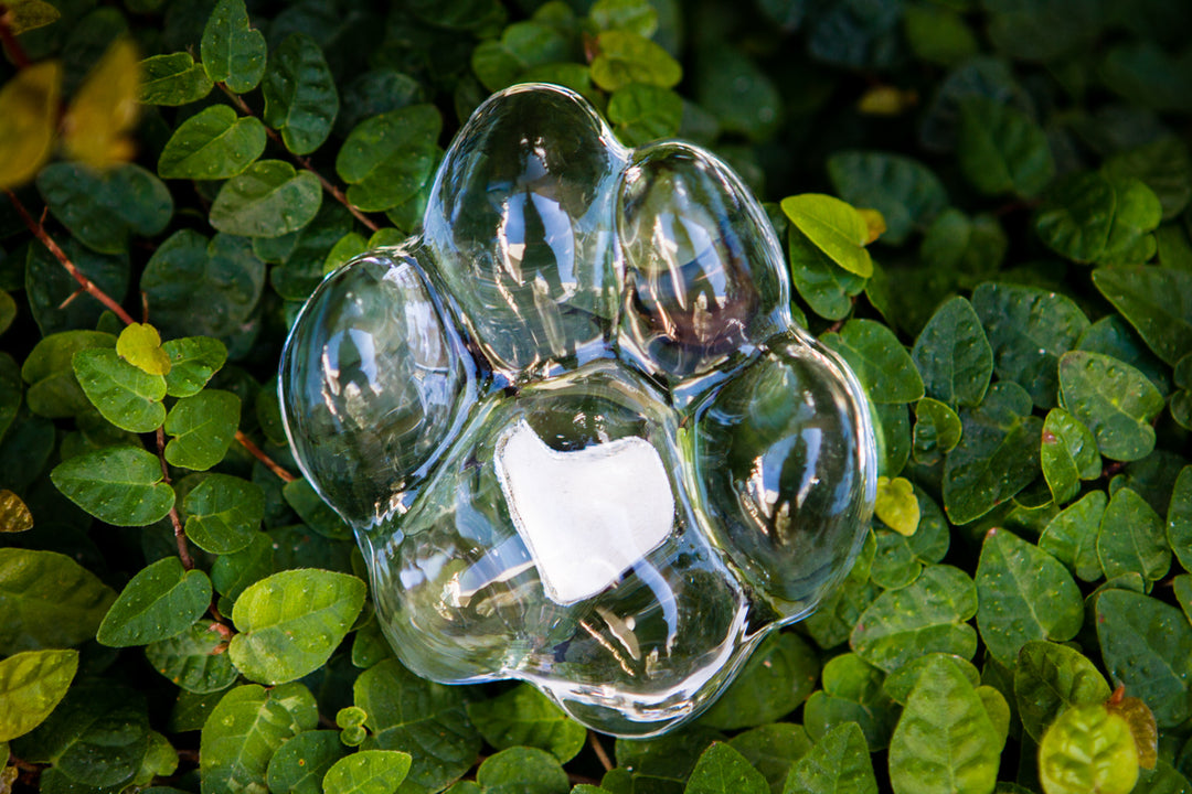Clear Memorial Glass Paw Print with a white heart centered on the paw pad among green leaves