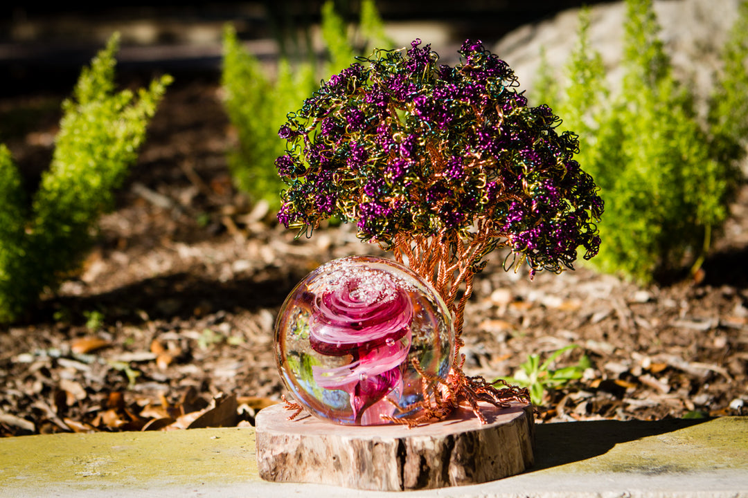 Purple beaded wire tree of life sculpture on a wooden base designed to pair with a 3 inch orb