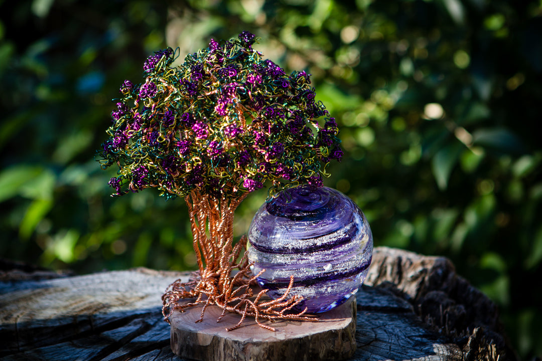 Purple Crepe Myrtle Tree of Life with a 3 inch Sparkle Orb on a wooden stand.